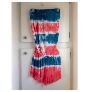 Red white & blue tie dye strapless romper